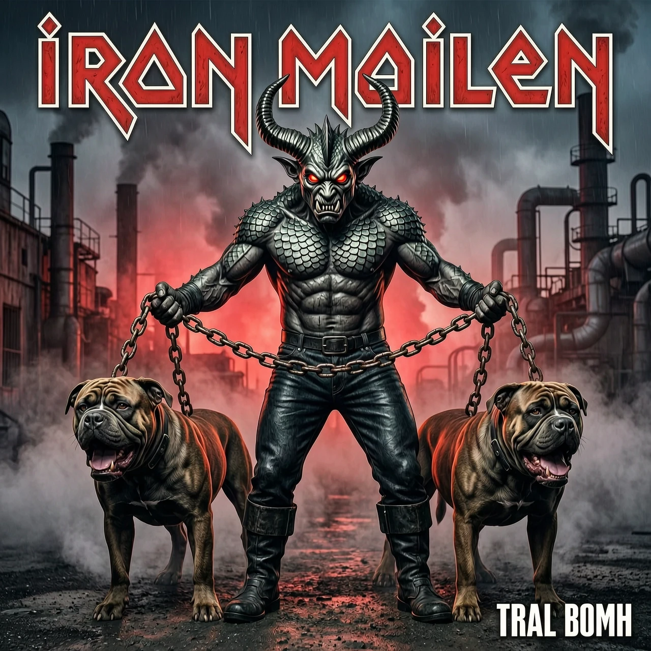 Кинематографичный фотореалистичный арт в духе Iron Maiden: демон с демоническими чертами (рога, горящие глаза, чешуя) уверенно удерживает цепи, на которых натянуты два мощных…