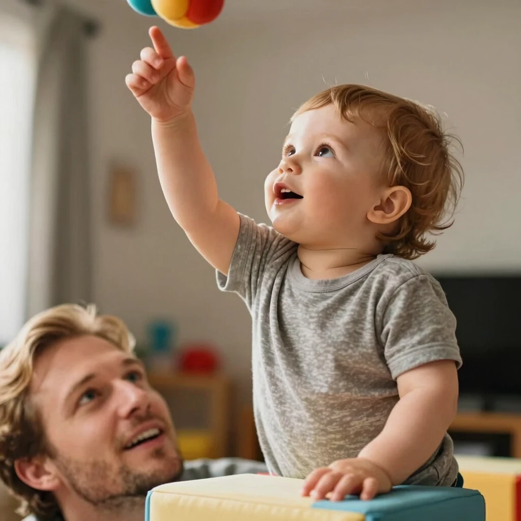 Close-up: a Caucasian toddler with light brown hair standing on a soft cube, reaching hand up to a hanging toy, his face showing delight and concentration. From below, a…