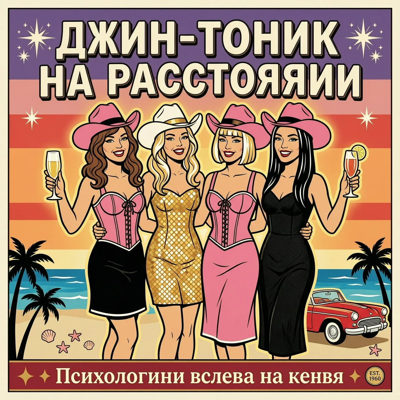 Четыре подруги обнимаются и улыбаются , держат бокалы Первая девушка в длинными волнистыми каштановыми волосами в розовом корсете и черной юбке и в розовой ковбойской шляпе.…