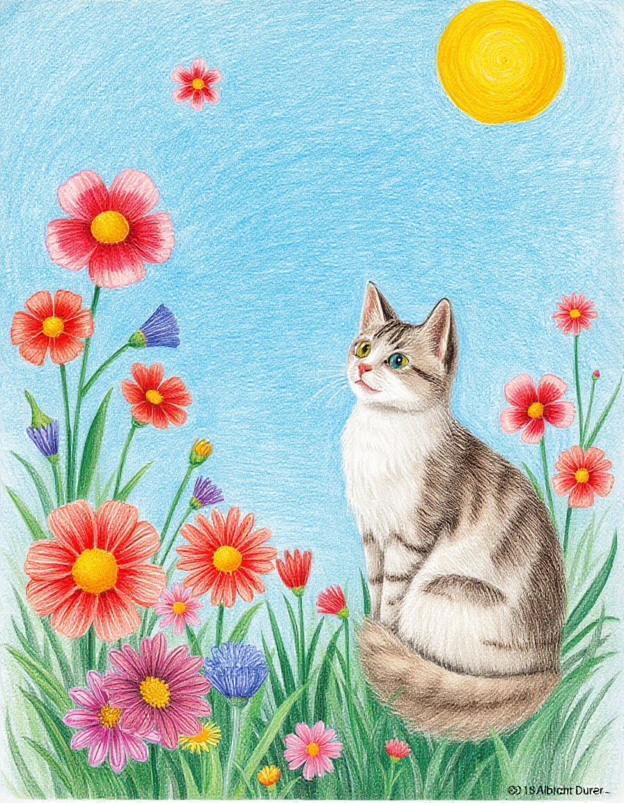 A masterpiece. Creating an image. ((The style is naive graphics in colored pencils. Children's drawing of flowers, summer, blue sky and a beautiful cat:1,6)). High…