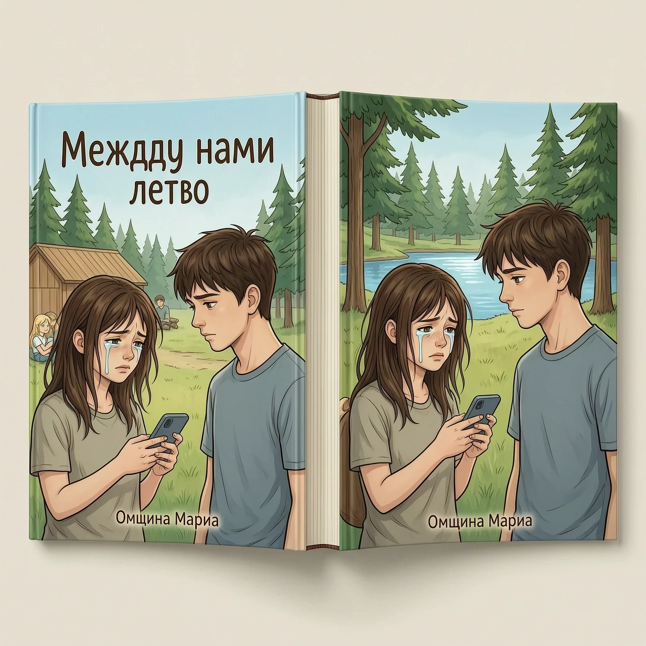 создай разворот книги (обложка, переплет и обратную сторону книги). Должен присутствовать летний вайб, возможно можно добавить девочку-подростка темно-русую ( у неё карие глаза…