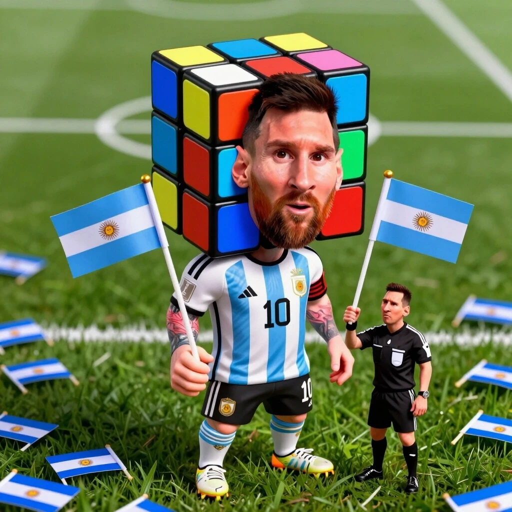 Hyper-realistic caricature of Lionel Messi as a living Rubik's Cube. His iconic head is a half-solved puzzle cube, with mismatched colored squares covering his famous face.…