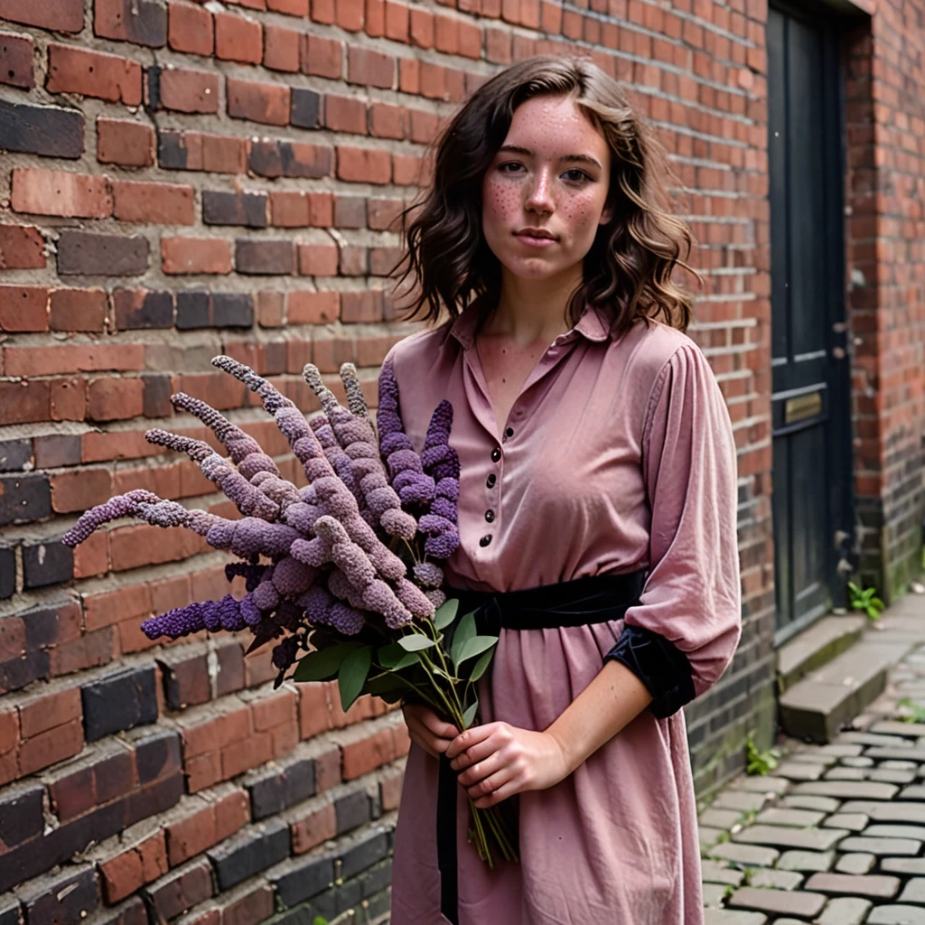 A young woman with wavy dark brown hair and freckles stands against an old brick wall on a narrow city alley. She wears a dusty pink shirtdress with an asymmetrical hem and a…
