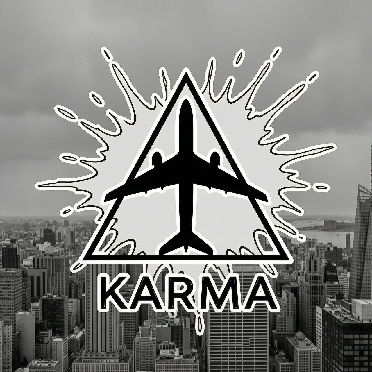 arafed image of a plane flying over a city with a triangle, spectacular splatter explosion, black and white logo, unique silhouettes, karma, symmetrical shape, white tracing,…