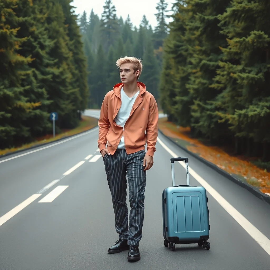 A mystical illustration of a handsome young man in his 20s with blond hair and eyes standing on a highway in the middle of a pine forest. He's wearing striped pajama pants…