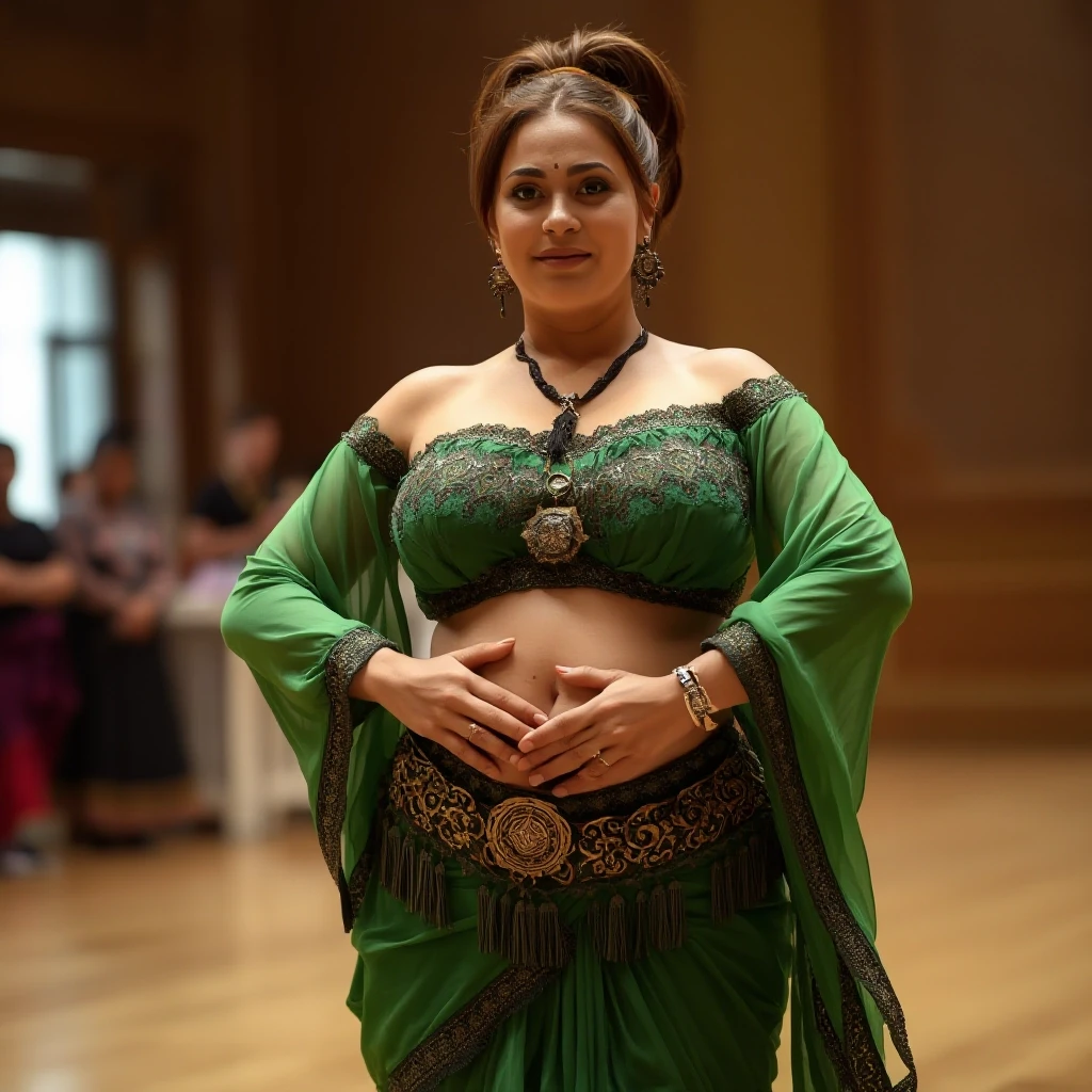 front view chubby belly dancer fifty years woman in green costume brown short ponytail hair stand in hall — работа пользователя Прекрасная Мантикора