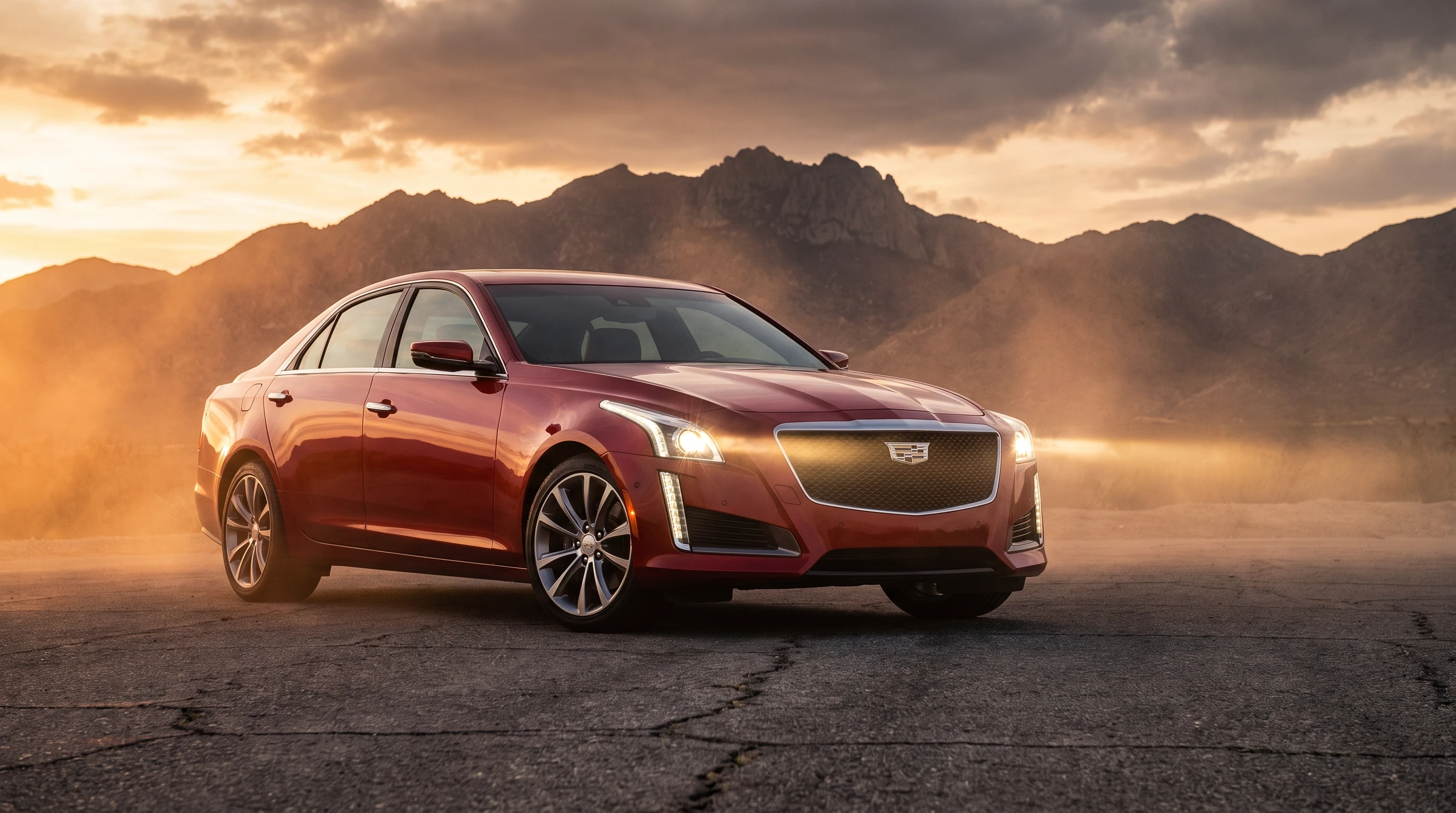 Cadillac CTS, красный окрас, стоит на асфальте, эпичный ракурс, оранжевые лучи, горящие фары, кинематографичная съёмка, шедевр — работа пользователя Весенний Герой