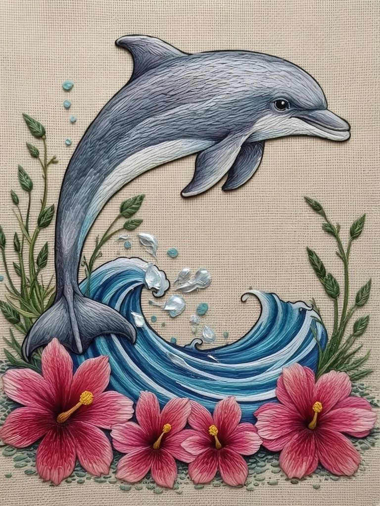 Detailed artistic mixed-media papercraft and fabric appliqué illustration of a graceful dolphin leaping in a dynamic arc from a powerful ocean wave. The dolphin features a rich,…