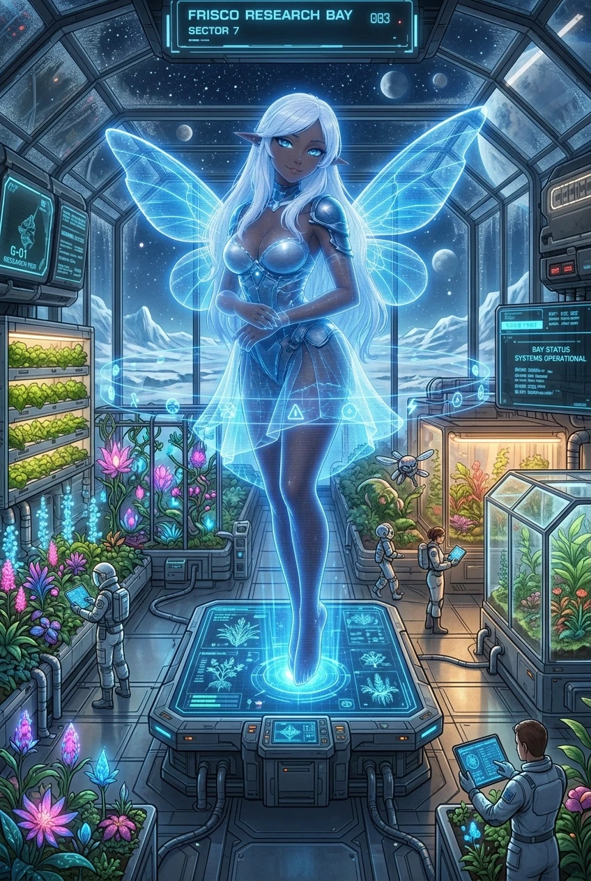 A detailed sci-fi concept art of a futuristic botanical greenhouse inside the Frisco Research Bay. Inside is a lush oasis with vertical hydroponic farms, glowing alien flowers,…