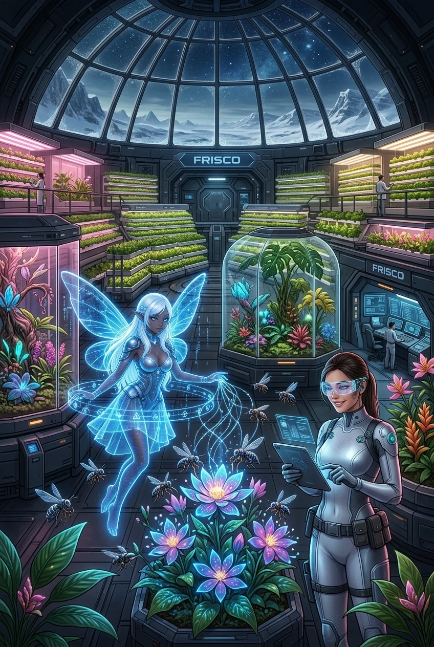 A detailed sci-fi concept art of a futuristic botanical greenhouse inside the Frisco Research Bay. Inside is a lush oasis with vertical hydroponic farms, glowing alien flowers,…