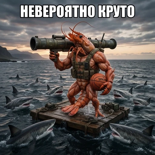 Надпись "невозможно круто" русским языком, мемным шрифтом и мегаперекачанная креветка с очень большой ракетницей на плече и баскетбольный мяч в руке и вокруг нее много…