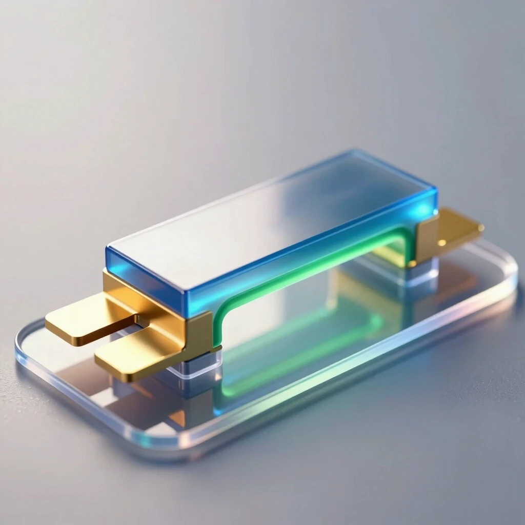 A hyper‑realistic scientific 3D illustration of a single organic field‑effect transistor with a bottom gate and top contacts of the following structure (thin layers from bottom…