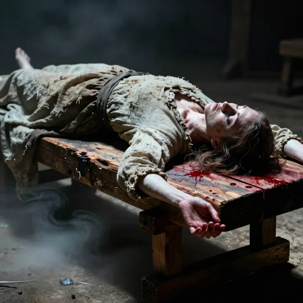a pale woman lying prone across a heavy, blood-stained wooden execution block, her neck pressed against the rough-hewn timber, eyes closed in resignation, coarse linen fabric of…