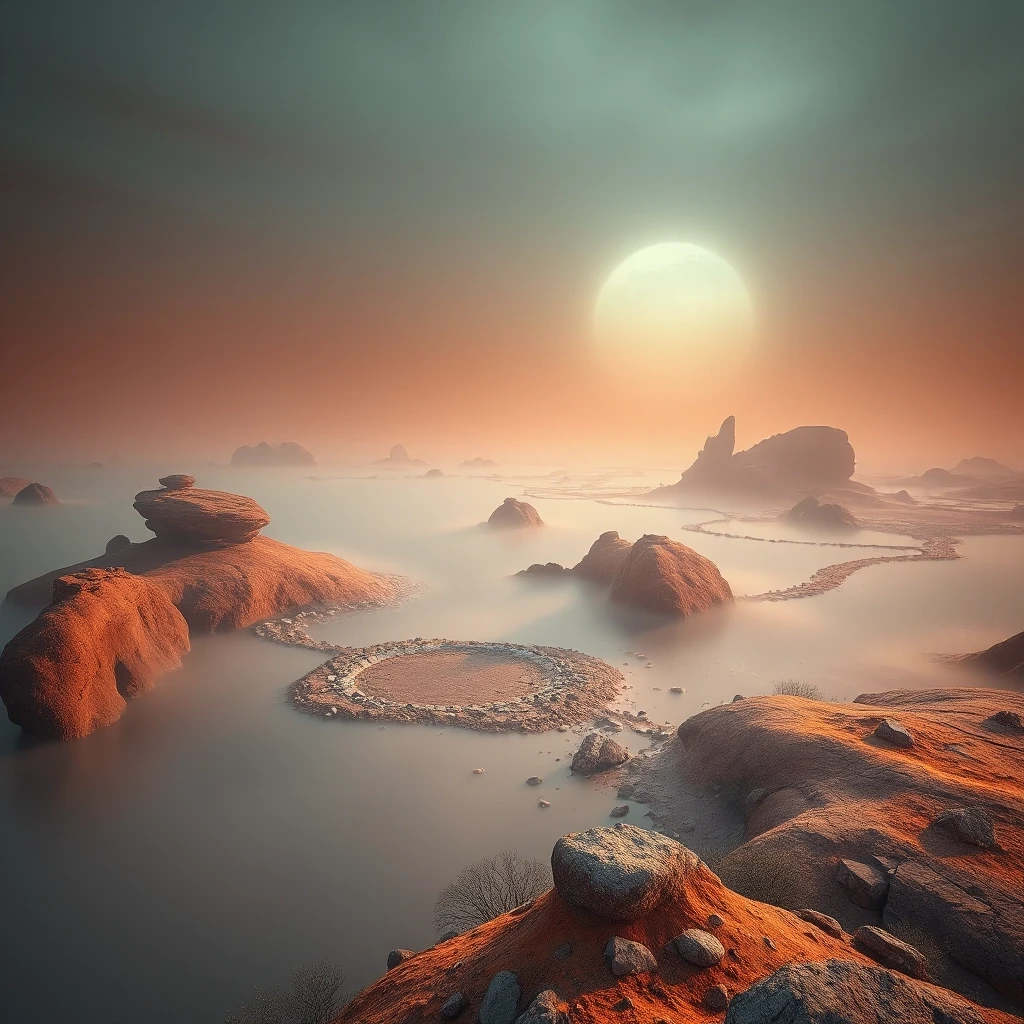 majestic, landscape of a Moorland from inside of a Terraformed Mars, it is very Gruesome, Foggy, Cosy, Atompunk, Ethereal Lighting, pov, ultra high res, designed by Luigi Loir,…