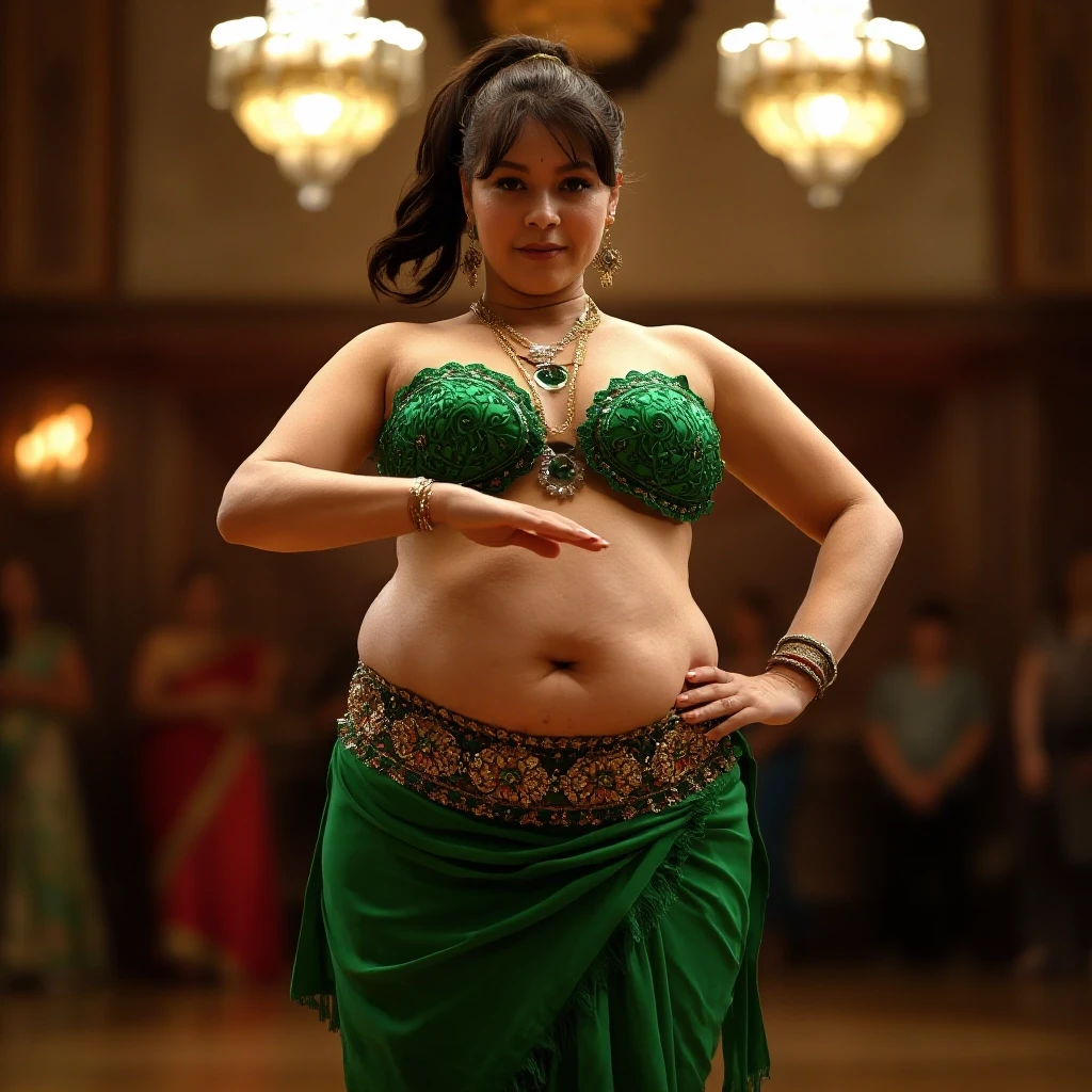 front view chubby belly dancer fifty years woman in green costume brown short ponytail hair stand in hall — работа пользователя Прекрасная Мантикора