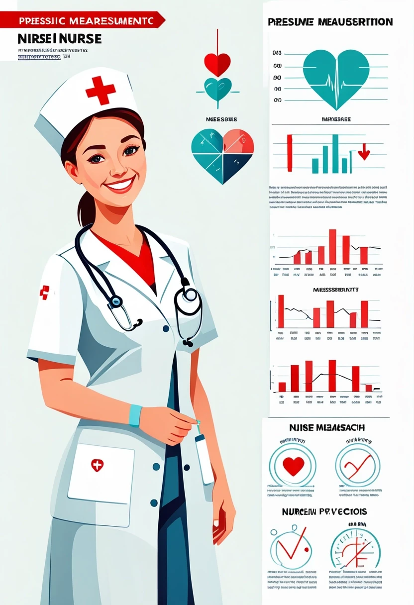Professional vector graphics on a pristine white background. realictic Nurse smiling, pressure measurement, heart health. — работа пользователя Радужный Чародей