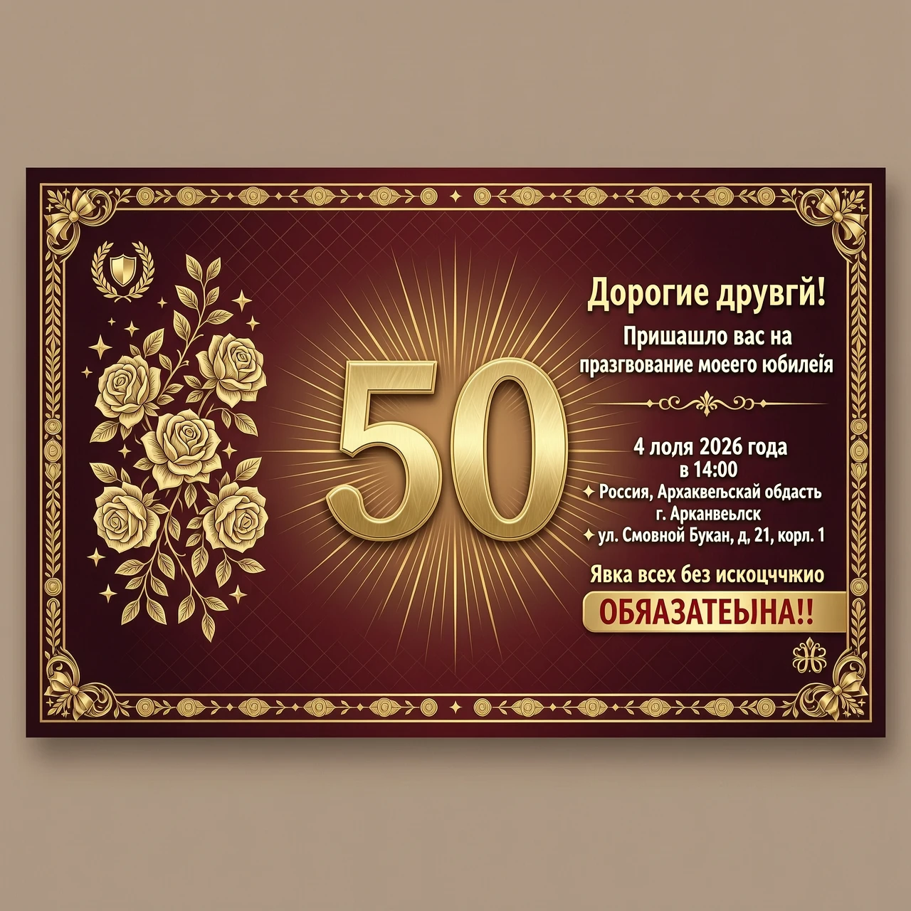 пригласительная открытка на 50-летний юбилей. Золотой юбилей. Современный праздничный дизайн. цифры 50 в центре. Праздничная, торжественная атмосфера. Горизонтальная ориентация.…