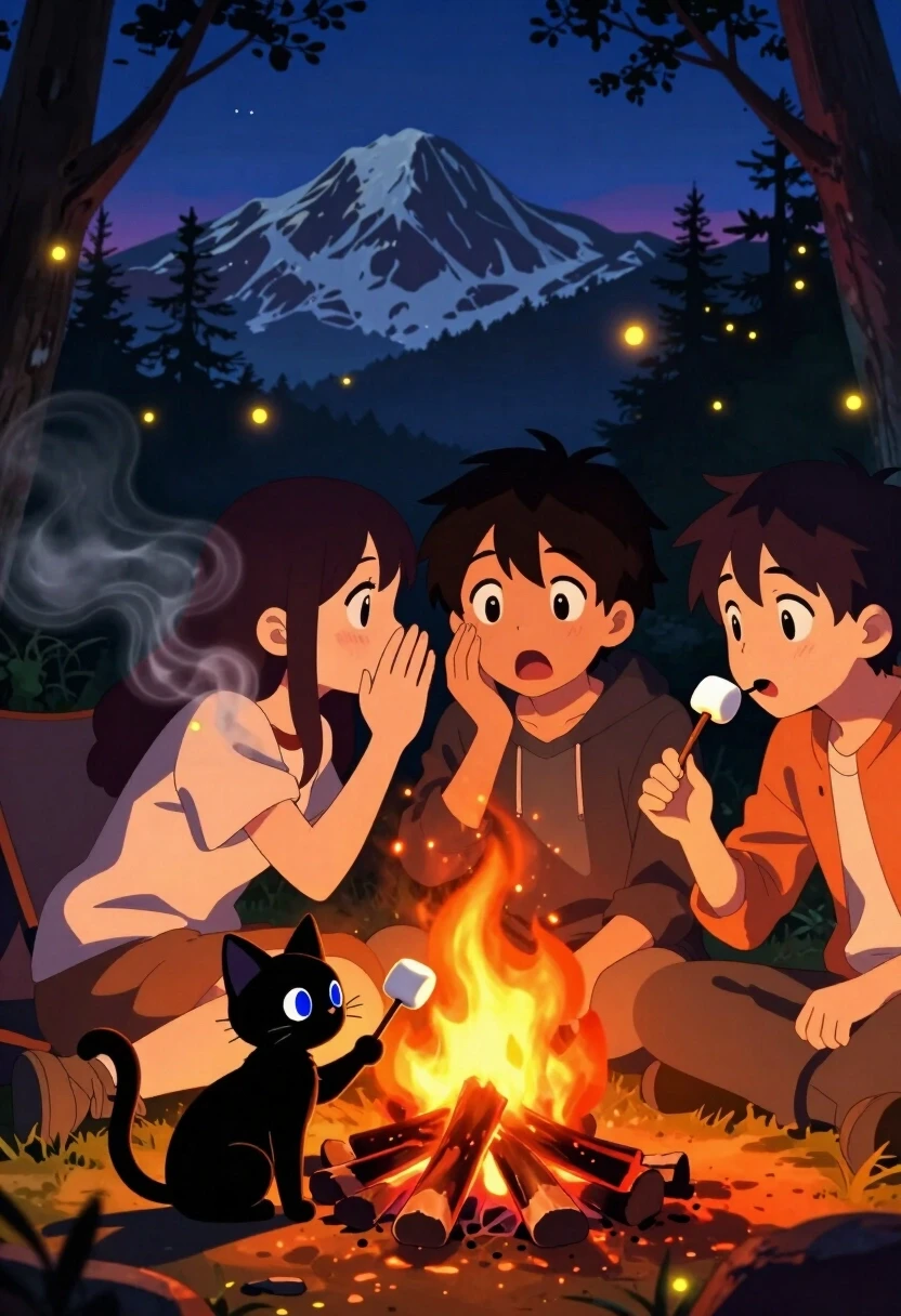 «Секрет, который знают только костёр и котёнок» High-energy anime style, bold outlines, cel shading, vibrant saturated colors, dramatic chiaroscuro. Low-angle shot from the…