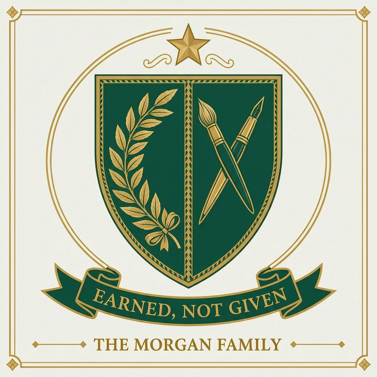 Design a modern heraldic coat of arms crest celebrating a career milestone (retirement, promotion, or new business). Shield divided into two fields: one half contains a laurel…