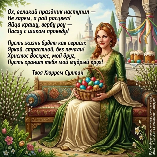 шуточная пасхальная открытки в стиле лёгкой иронии, с отсылками к сериалу: Изображение: Хюррем-султан в роскошных исторических нарядах эпохи Османской империи сидит на богато…
