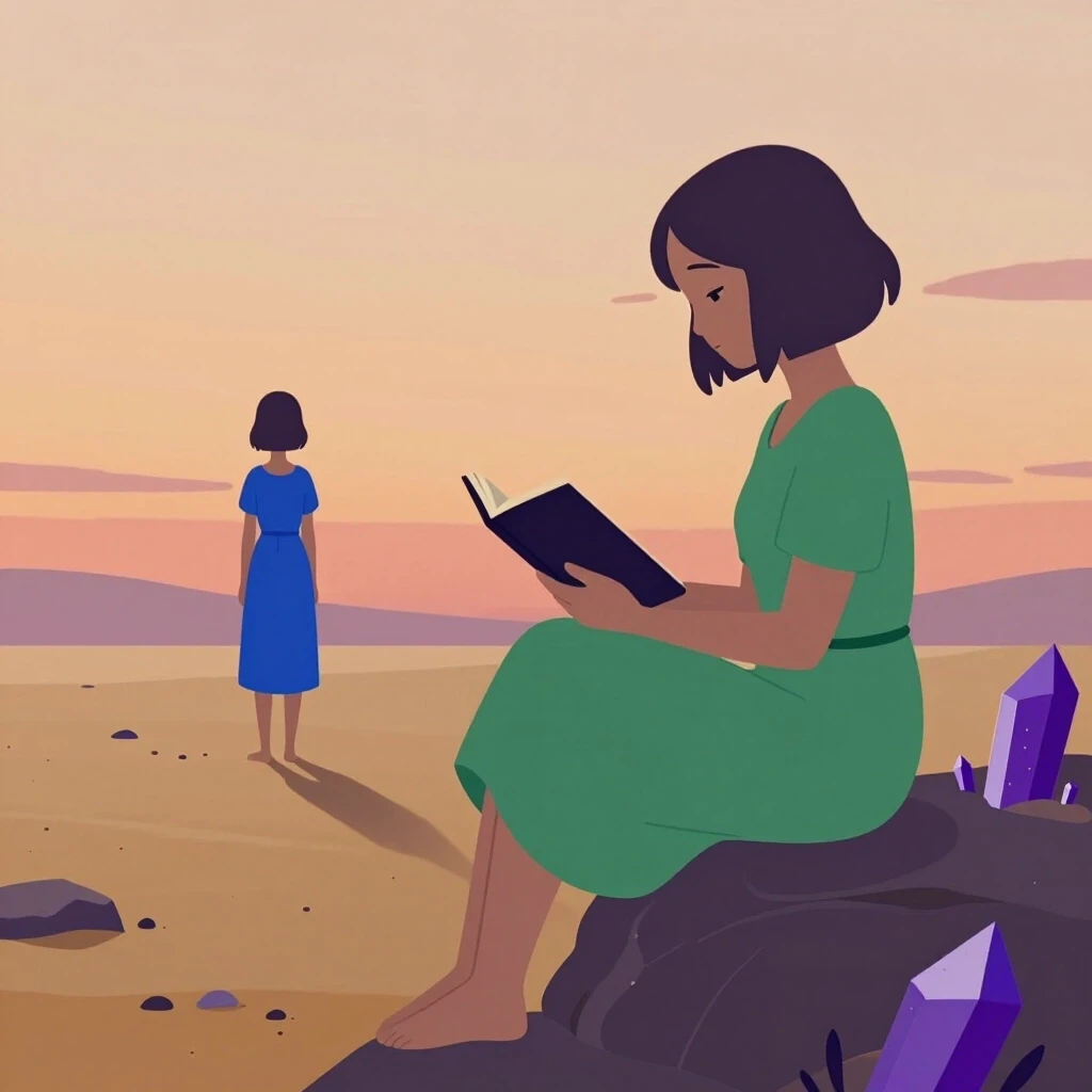 «На планете Флорианна, закат. Тёплый, густой свет ложится на песок и на кристаллы у горизонта. В кадре Лиэде: она сидит на камне, в руках раскрытая тетрадь, взгляд спокойный,…