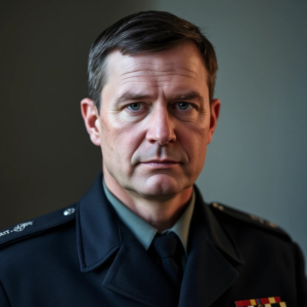 professional portrait of middle aged german lieutenant in NATO uniform. Short dark hairs, cold but clever grey eyes — работа пользователя Firebat