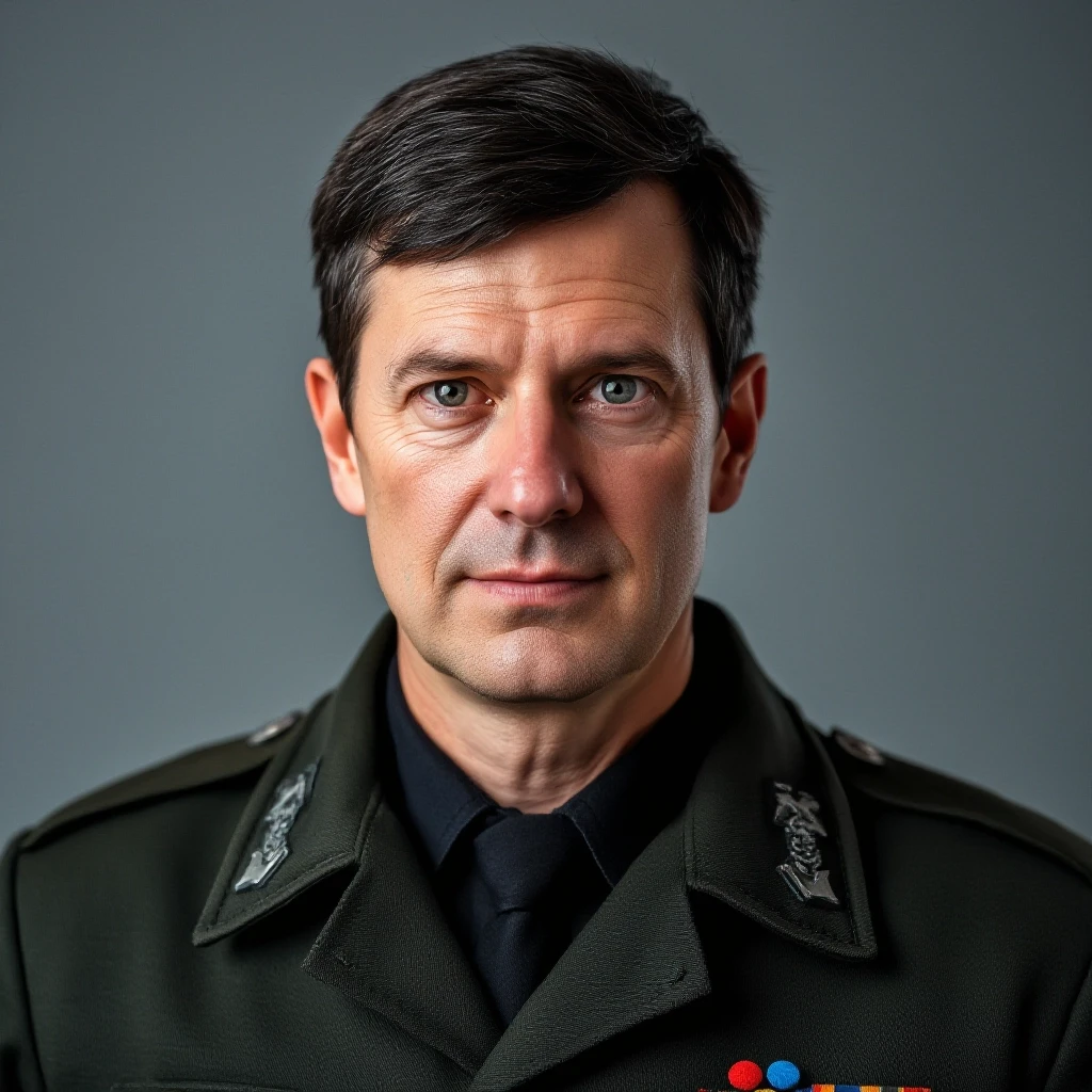 professional portrait of middle aged german lieutenant in NATO uniform. Short dark hairs, cold but clever grey eyes — работа пользователя Firebat