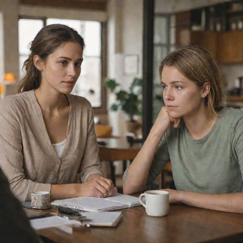 A young woman sitting across from someone at a table, listening with a slightly uncomfortable but thoughtful expression, like receiving honest tough feedback she didn't…