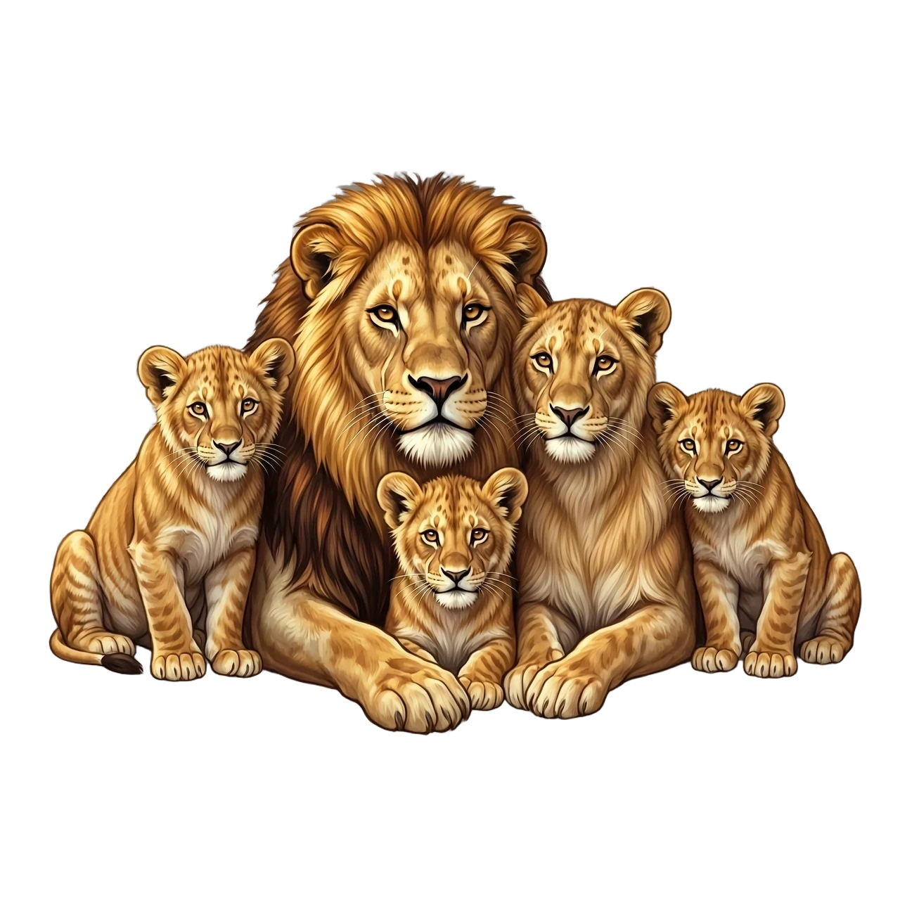 Draw a touching scene: a lion family, closely pressed against each other, conveys a sense of love, understanding, warmth, and affection. In the center is the father lion, next…
