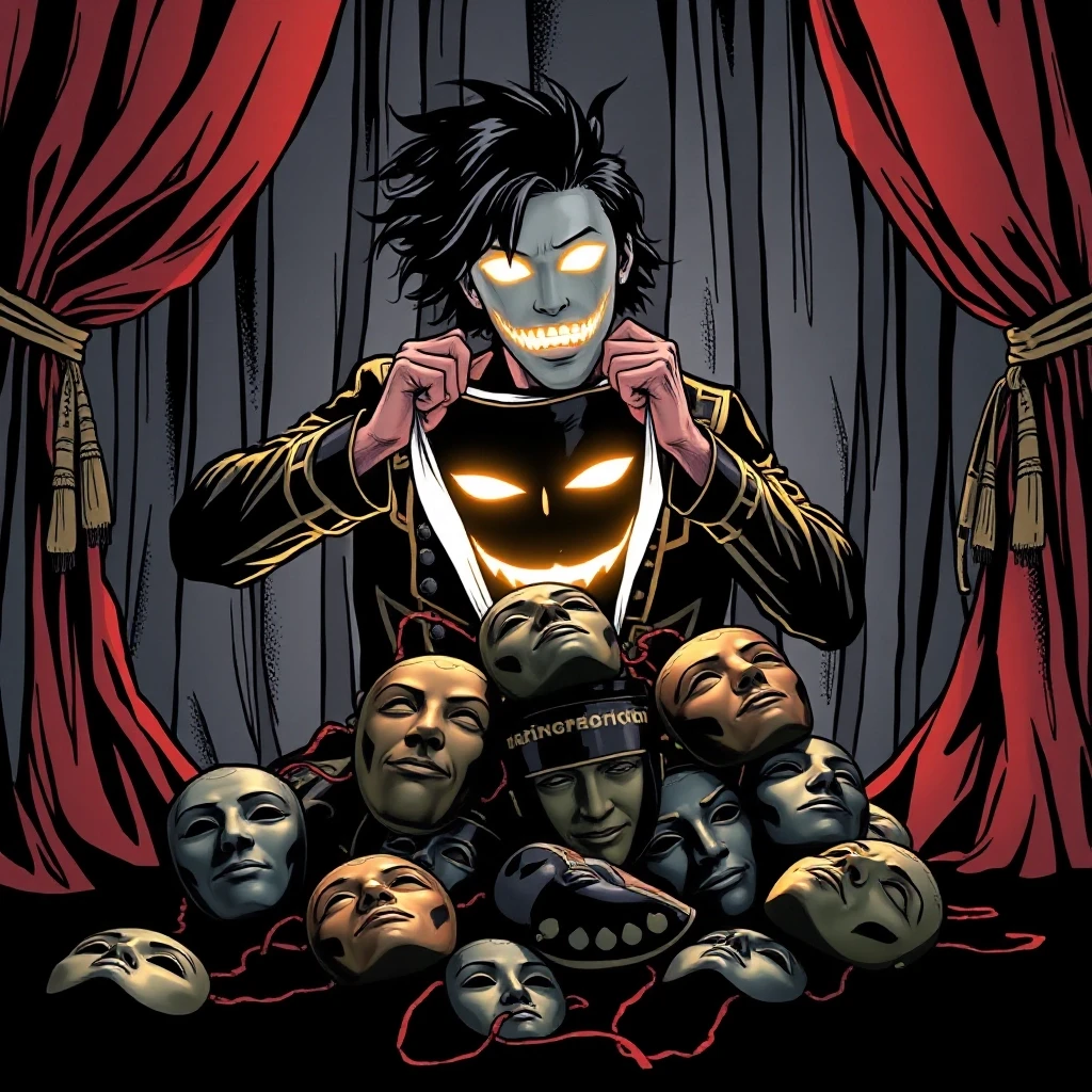 A person tears off a theatrical mask, revealing their own glowing face underneath. Behind them, a stack of discarded masks lies on the floor. The stage curtains are being torn…