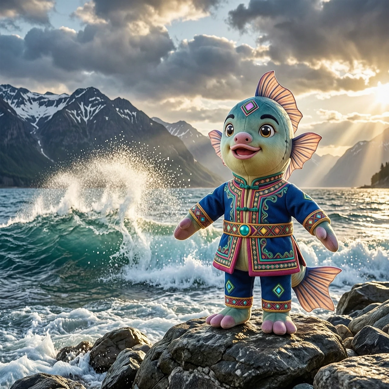 Adorable anthropomorphic omul fish mascot, a charismatic character with expressive eyes and a friendly smile, standing heroically on a rugged rocky shore of Lake Baikal. In the…