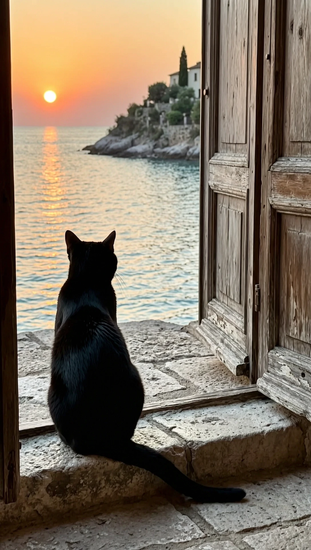 A quiet Mediterranean coastal scene at sunset: a solitary black cat seated on the stone threshold of an old weathered house, looking toward the glowing sea. The cat sits in the…