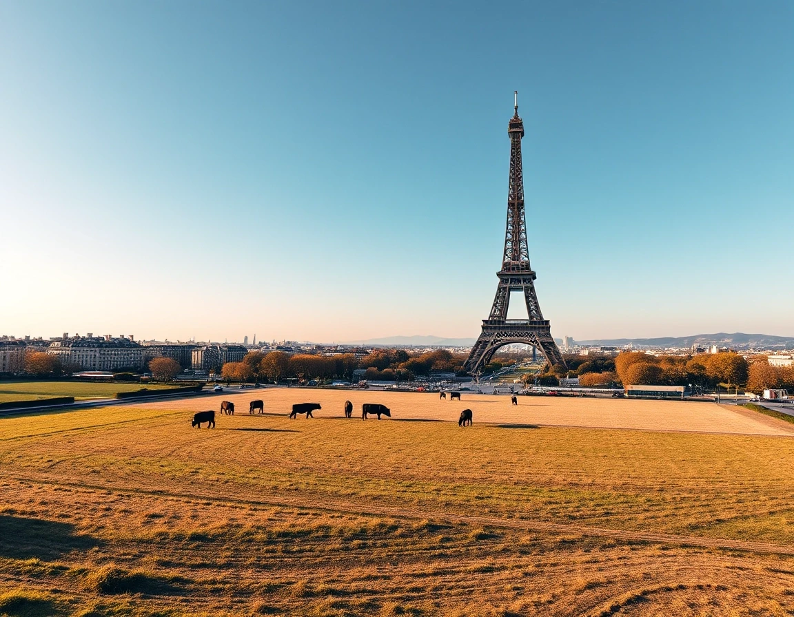 Award-winning professional photo. Isometric view. Expansive fields where cows are grazing; the Eiffel Tower rises up from the field. — работа пользователя Радужный Чародей