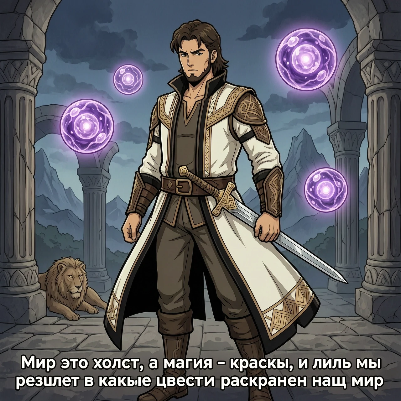 Привет. Сгенерируй персонажа для дарк-фэнтези. Это должен быть мужчина, лет 25, причёска у него classic mullet тёмного коричневого цвета с короткой бородой (только по контуру…