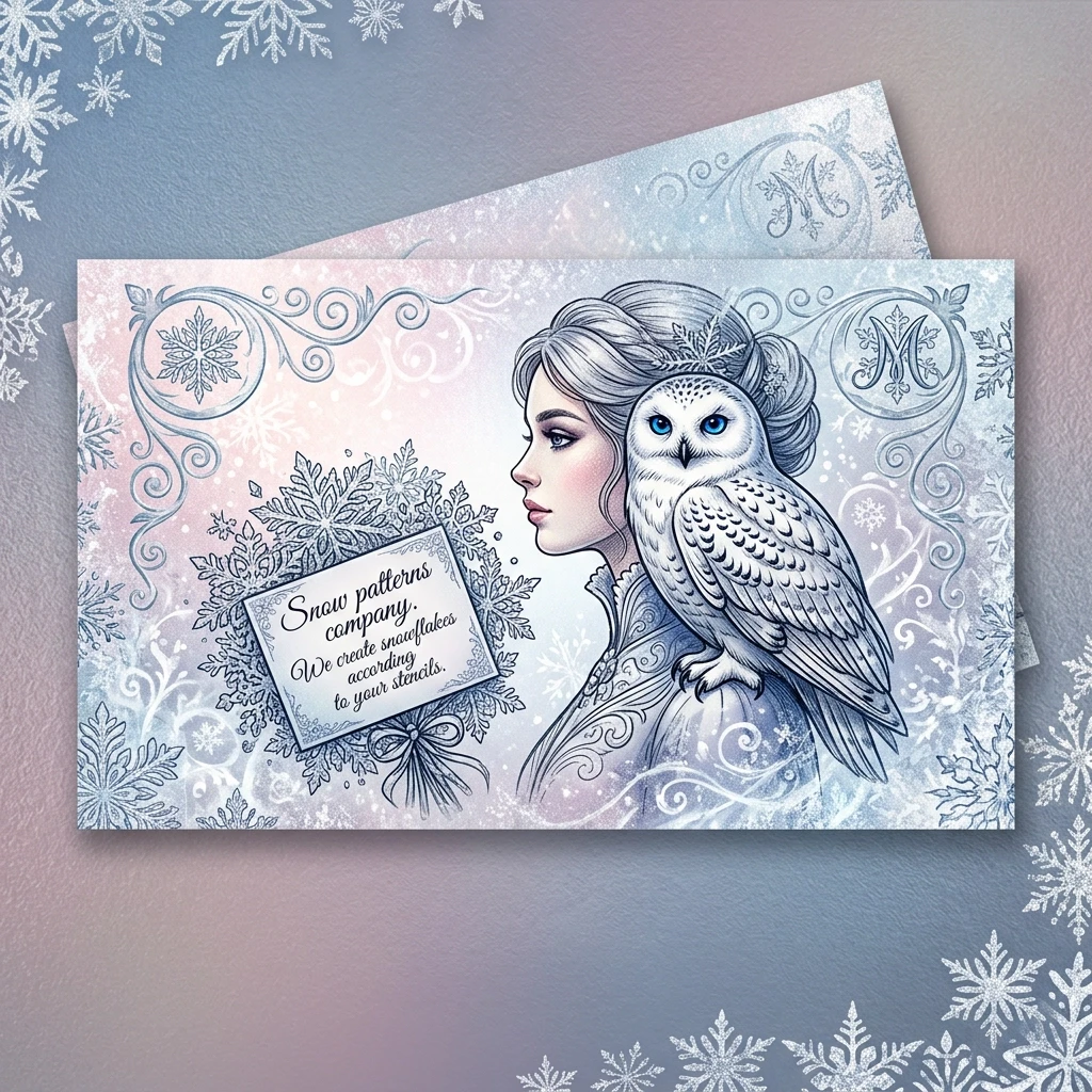 ((Business card, size 90 by 50 mm)) (Background of the paper): pinkish‑white, blue‑white, silver‑white, silver‑pearl, (with a winter ornament, spirals, vignettes and monograms…
