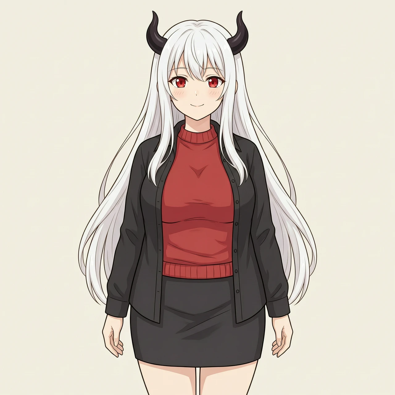 Anime illustration style, clean lineart, soft cel shading. Beautiful young woman with long flowing white hair, small black curved demon horns on her head, bright red eyes. Body…