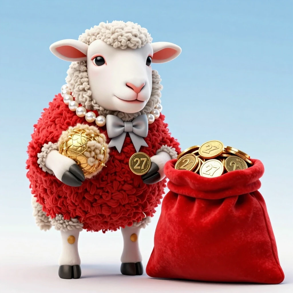 на фоне неба , ,овечка красно-белого цвета , В левой лапке держит золотоi ball of wool. , Рядом с ним находится большой бархатно-красный мешок, полный золотых монет. на шее у…