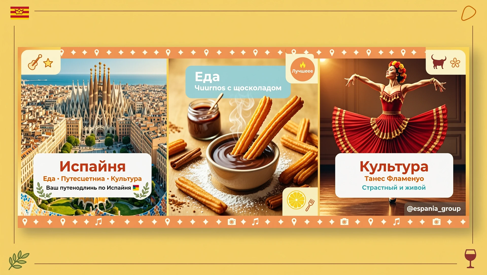 Обложка вконтакте для группы тема испания: еда, путешествия, культура. Используй фото Барселоны, чурроса с шоколадом, фото танца фламенко Цвета ПАЛИТРА (Точные HEX-коды) Цвет…