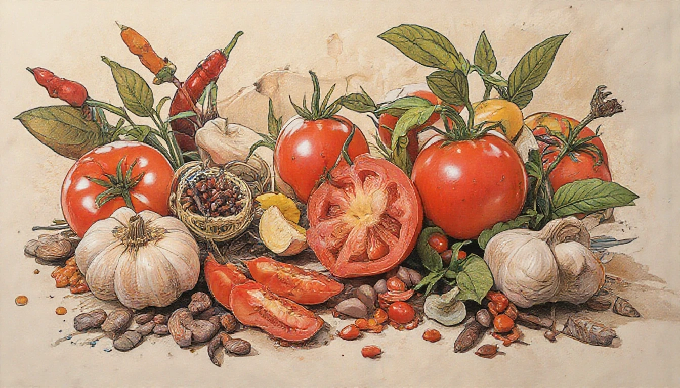 Фронтальный вид с боку. Старая бумага. Tomatos, basilik, чили перец, чеснок, пряности, специи. — работа пользователя Многоцветная Прозрачность