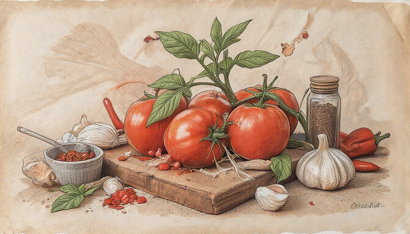 Фронтальный вид с боку. Старая бумага. Tomatos, basilik, чили перец, чеснок, пряности, специи. — работа пользователя Многоцветная Прозрачность