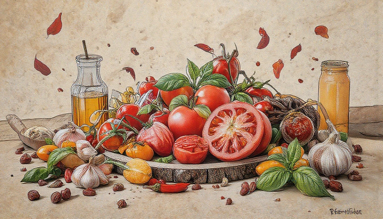 Фронтальный вид с боку. Старая бумага. Tomatos, basilik, чили перец, чеснок, пряности, специи. — работа пользователя Многоцветная Прозрачность