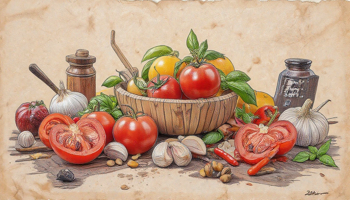 Фронтальный вид с боку. Старая бумага. Tomatos, basilik, чили перец, чеснок, пряности, специи. — работа пользователя Многоцветная Прозрачность