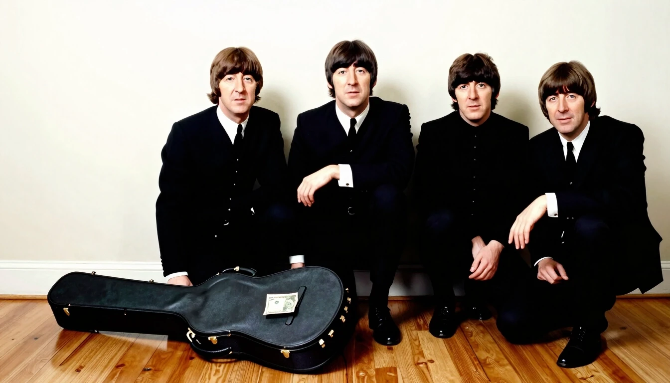 Поставь вместо трёх людей справа группу Beatles. На пол положи гитарный чехол с небольшим количеством монет — работа пользователя Лесная Гроза