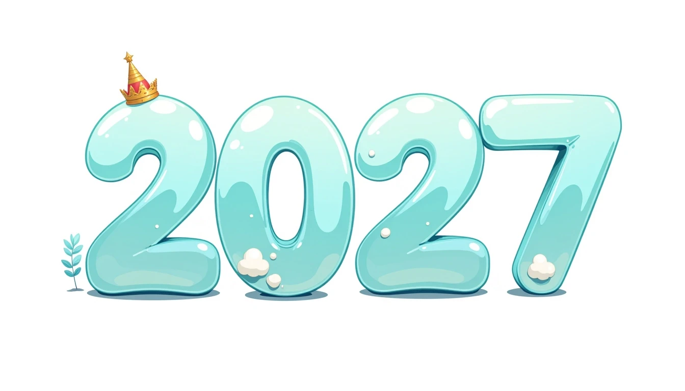 Крупные, чёткие объёмные цифры «2027» на изолированном чистом белом фоне. Каждая цифра «2», «0», «2», «7» написано идеально правильно и разборчиво. Шрифт в мультяшном стиле:…