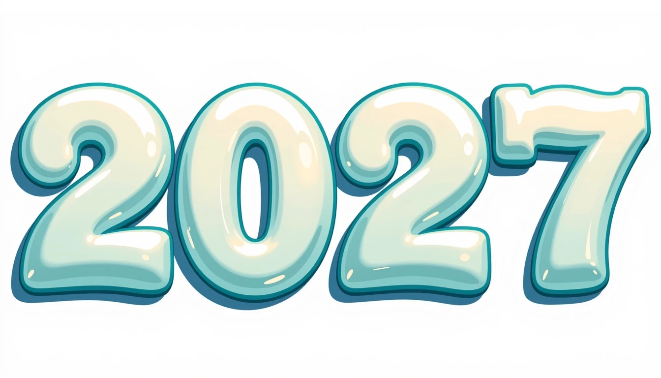 Крупные, чёткие объёмные цифры «2027» на изолированном чистом белом фоне. Каждая цифра «2», «0», «2», «7» написано идеально правильно и разборчиво. Шрифт в мультяшном стиле:…