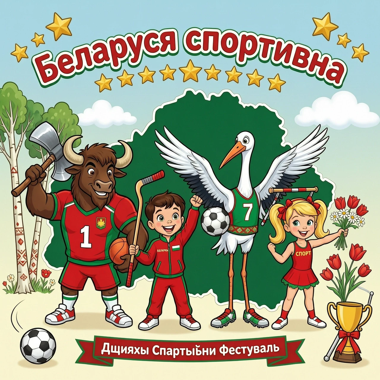 Картинка для детей "Беларусь спортивна". Зубр и аист в спортивной форме со спортивным инвентарем, а с ними мальчик и девочка на фоне контура Беларусии в стиле дисней —…