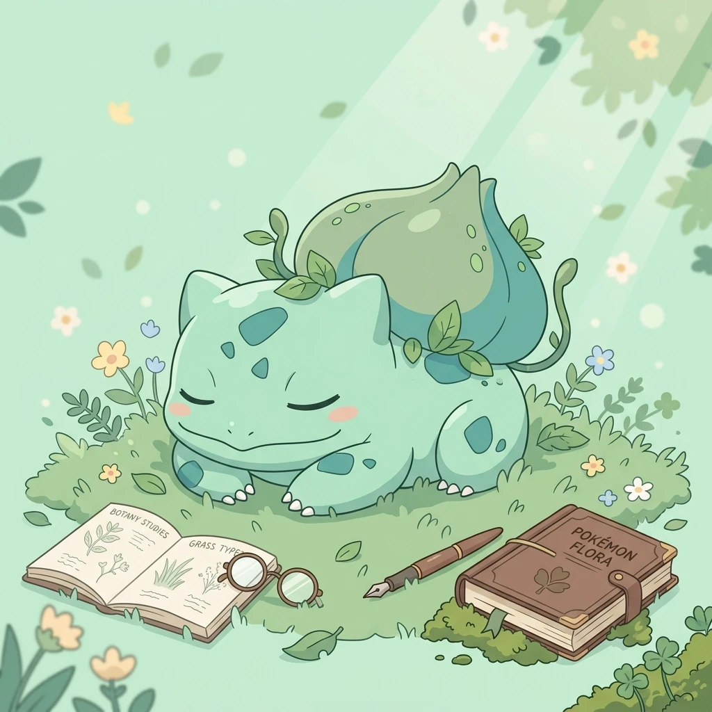 Flat vector illustration, cute sleepy Bulbasaur character lying peacefully on soft green grass, relaxing nature academic atmosphere, pastel mint green background, studio…