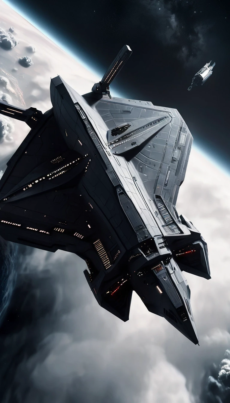 Cinematic sci-fi shot of an aggressive, angular dark grey spaceship hovering in the upper stratosphere. The ship features flat, vertical, weakly glowing pale gray wing plates.…