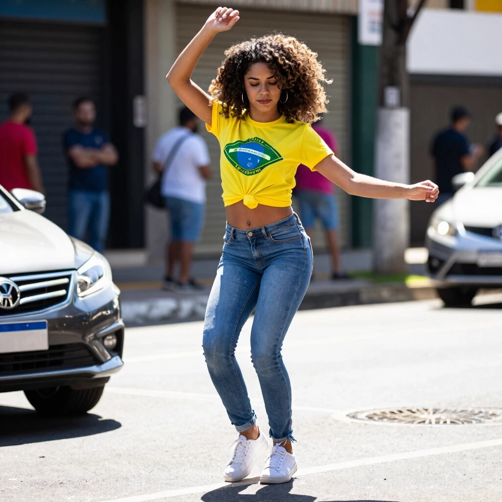 Pretty brazil girl is dancing at the street. Around she expensive car. Bright and sunny. — работа пользователя Искрящаяся Лава