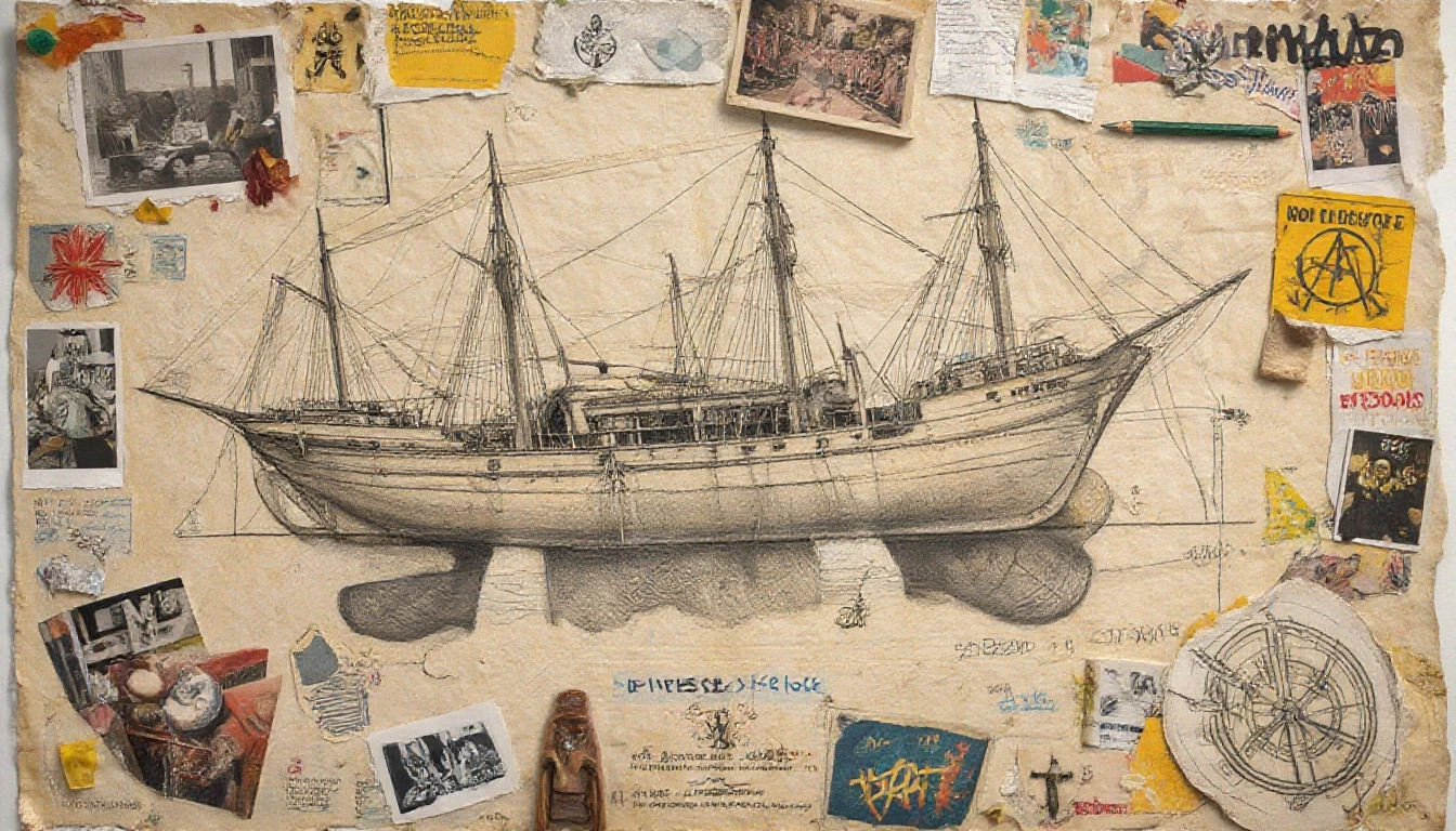 Схема и план корабля, нарисованный якорь, корабельная атрибутика, роза ветров в карандашном линейном рисунке. Старый пожелтевший чертёж — работа пользователя Многоцветная…